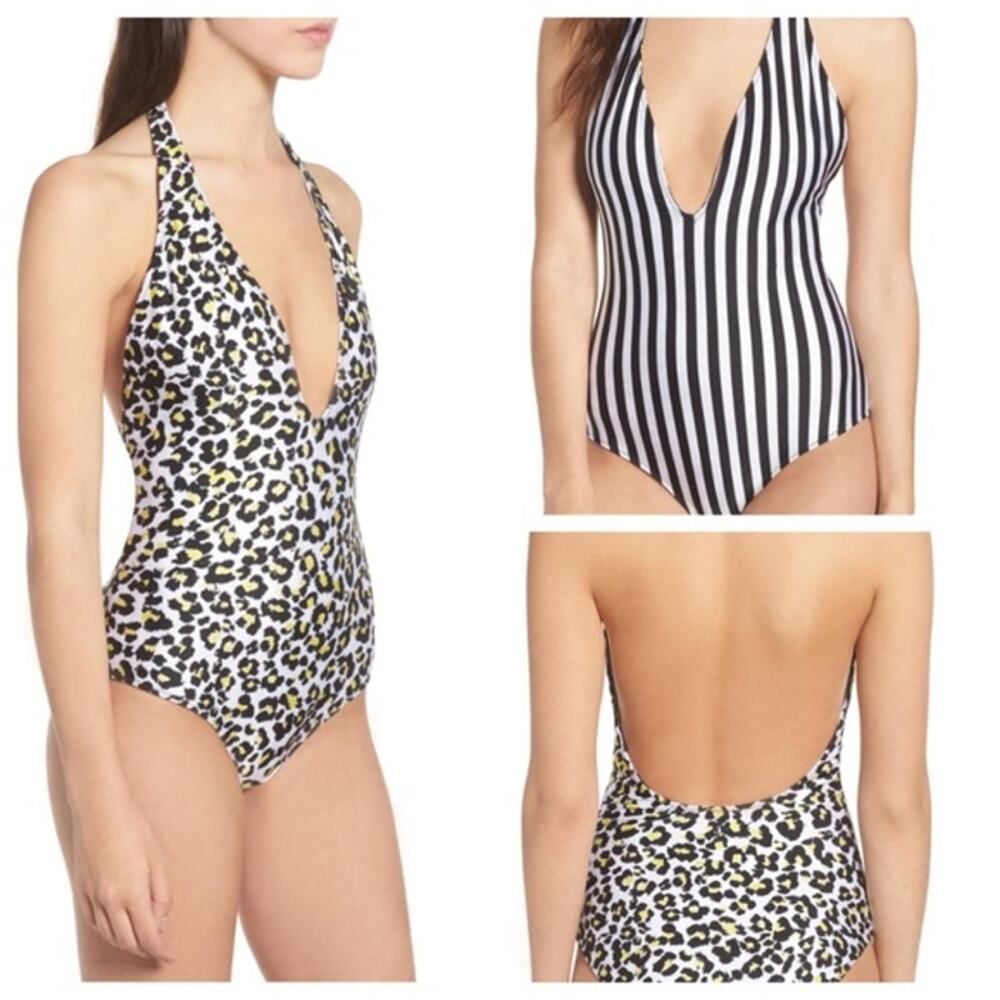 New Volcom Seeing Spots Reversible One-Piece Swimsuit Leopard Striped Size S
